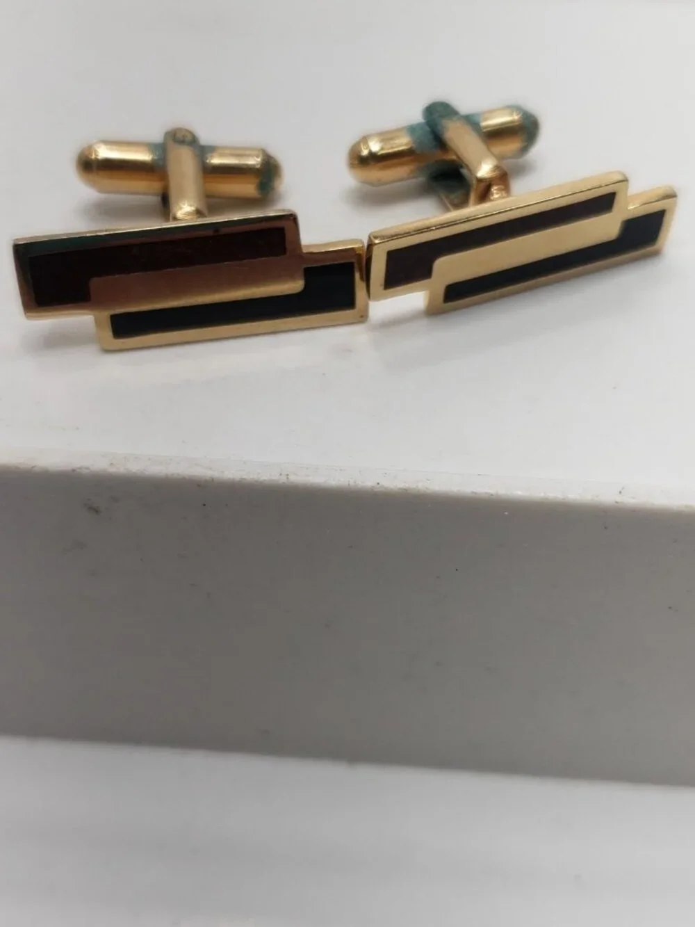 Vintage Gold Tone Black Brown Enamel Geometric Cufflinks Mens Formal